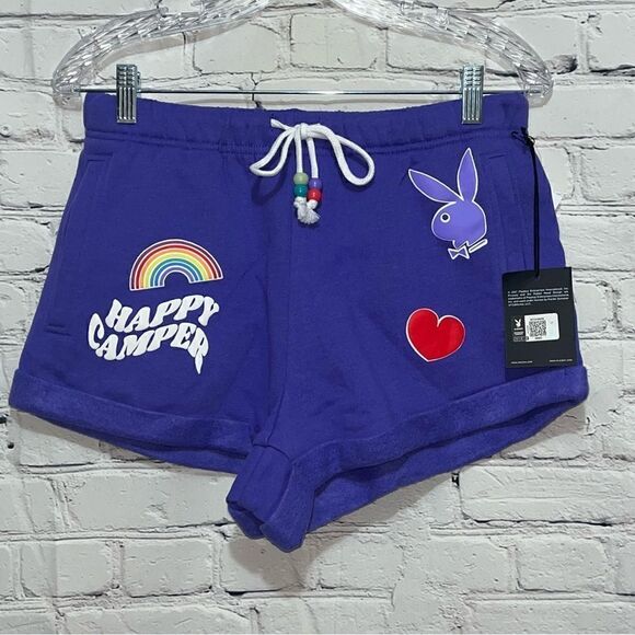 NWT Happy Camper Playboy X PacSun Purple Graphic Sweatshorts Shorts Size Small - Picture 8 of 12